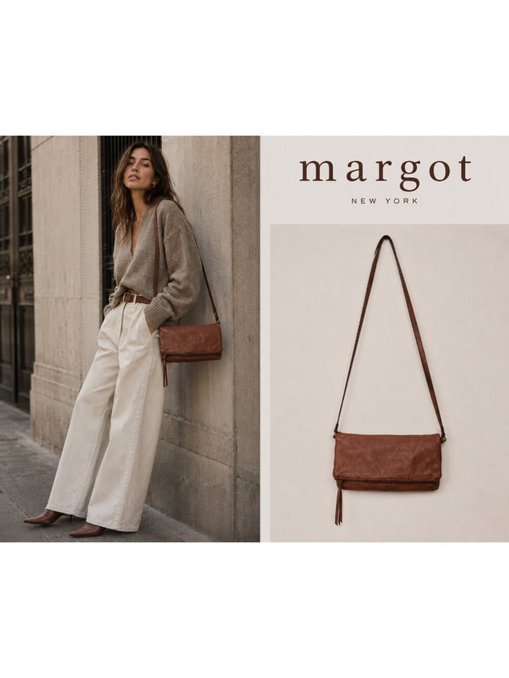 Margot New York Brown Leather Foldover Crossbody Shoulder Bag